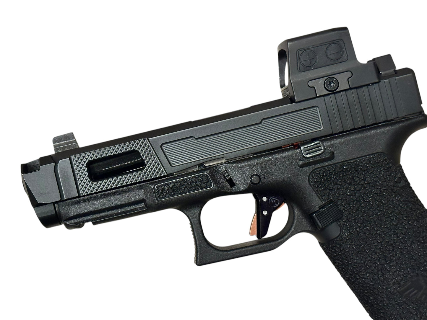 FULLY CUSTOMIZED RADIAN ARMS GLOCK 45 COMPENSATED WITH HOLOSUN AND TIMNEY TRIGGER ALPHA GOLD (pre owned)