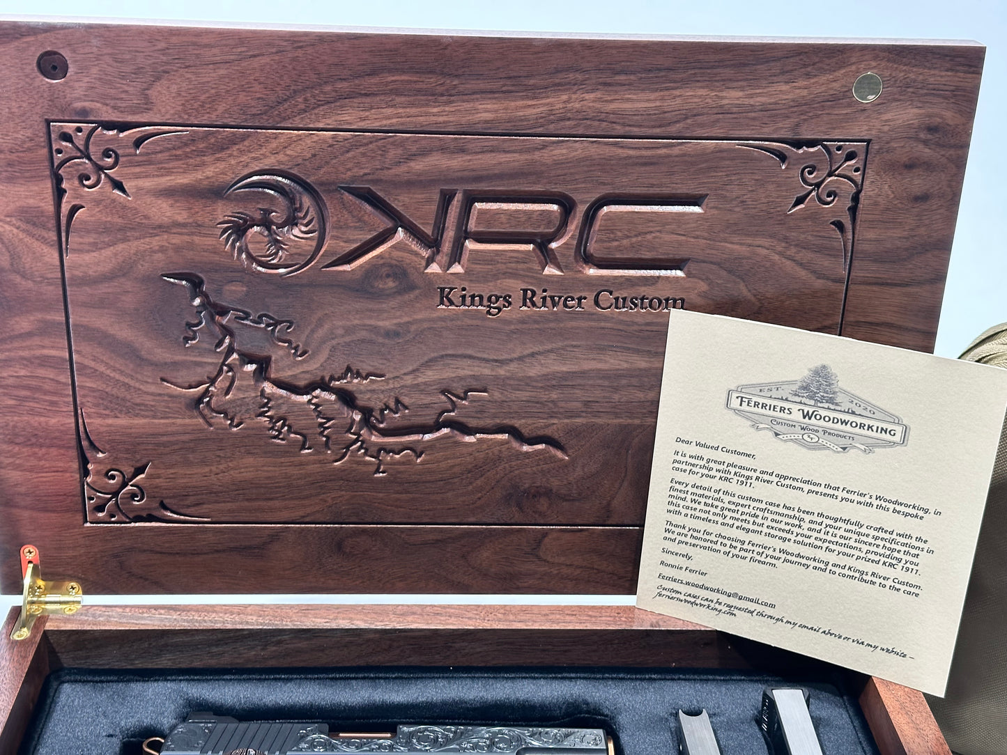 KINGS RIVER CUSTOM LEVEL III; CUSTOM WOOD DISPLAY CASE. HAND ENGRAVED POLISHED DLC/ COPPER FINISH .45ACP