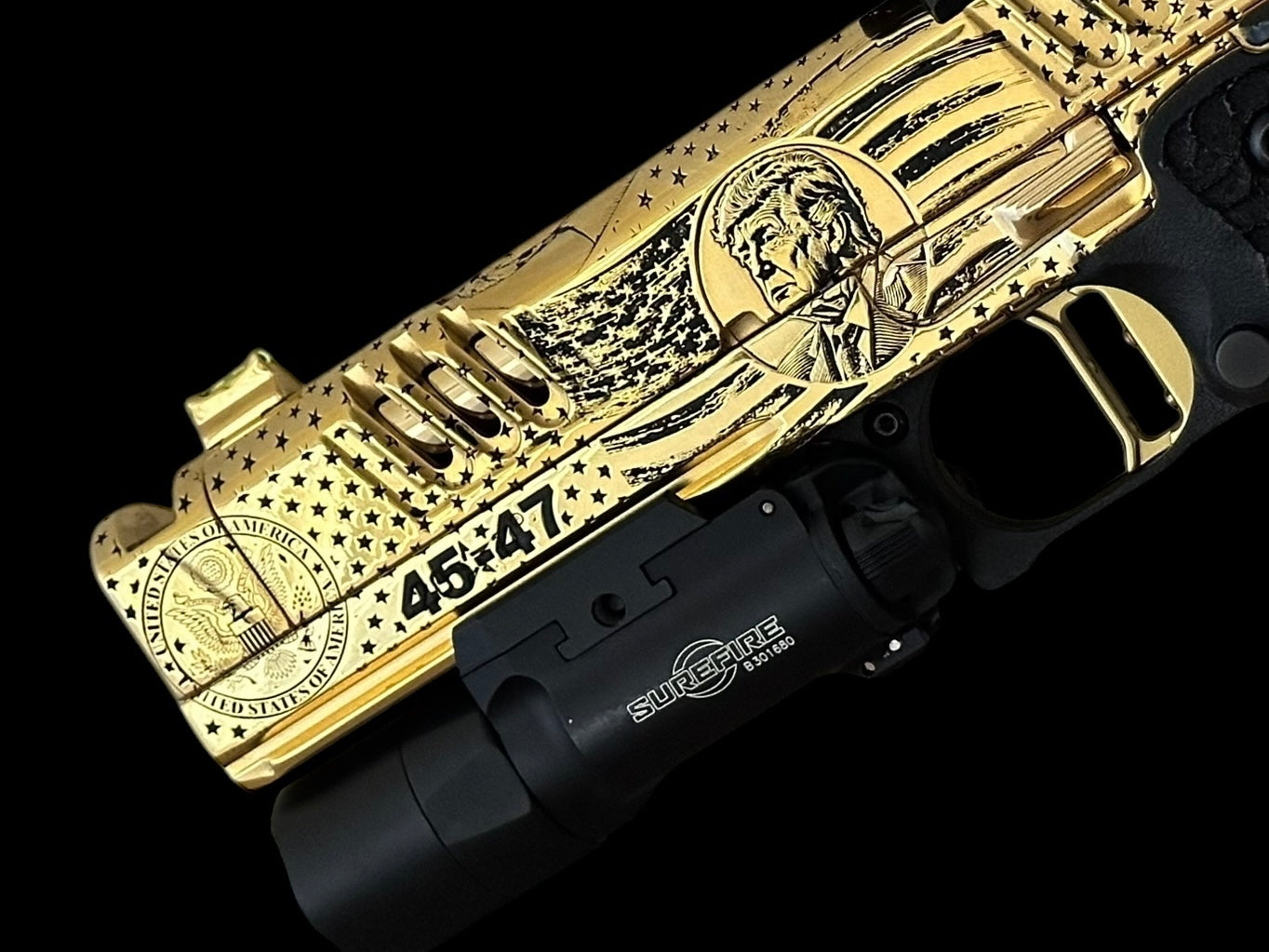STACCATO CUSTOM XC “TRUMP” FULLY ENGRAVED POLISHED AND 24k GOLD PLATED SRO & X300