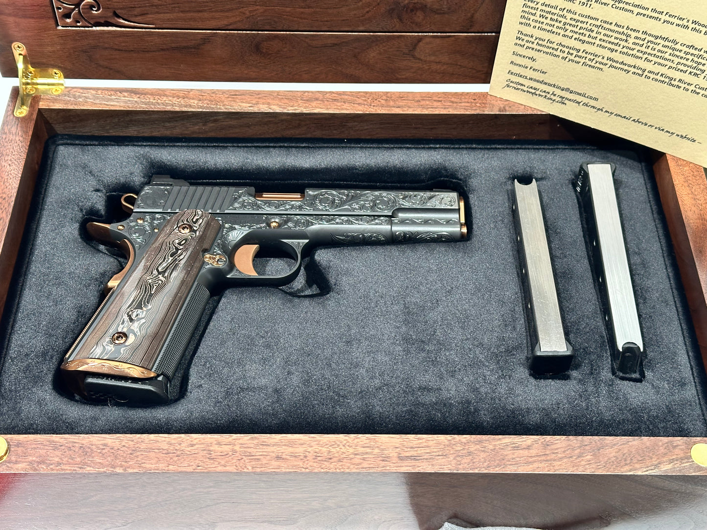 KINGS RIVER CUSTOM LEVEL III; CUSTOM WOOD DISPLAY CASE. HAND ENGRAVED POLISHED DLC/ COPPER FINISH .45ACP