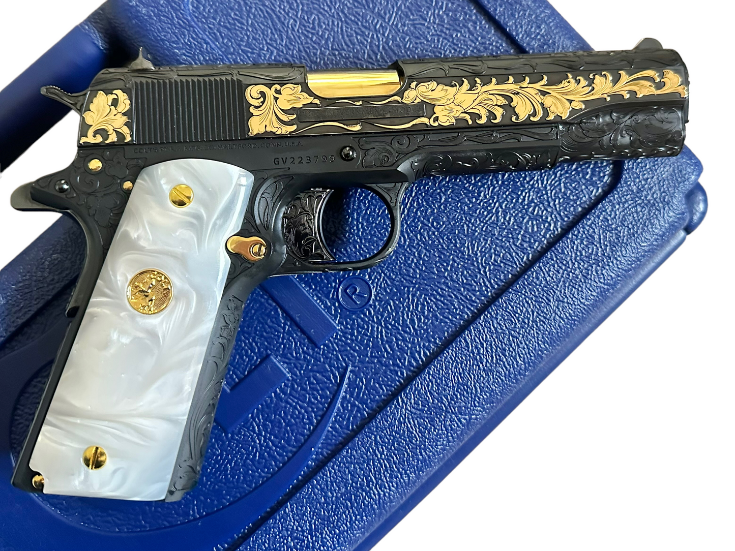 CUSTOM COLT 1911 GOVERNMENT FULLY ENGRAVED, BLUED WITH 24K GOLD PLATED ACCENTS