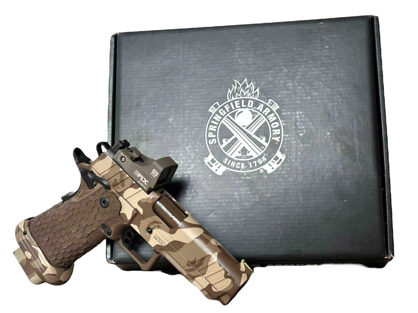 SPRINGFIELD CUSTOM PRODIGY 4.25” DOUBLE STACK CAMO CERAKOTE DRAGON SCALE GRIPS WITH EOTECH EFLX