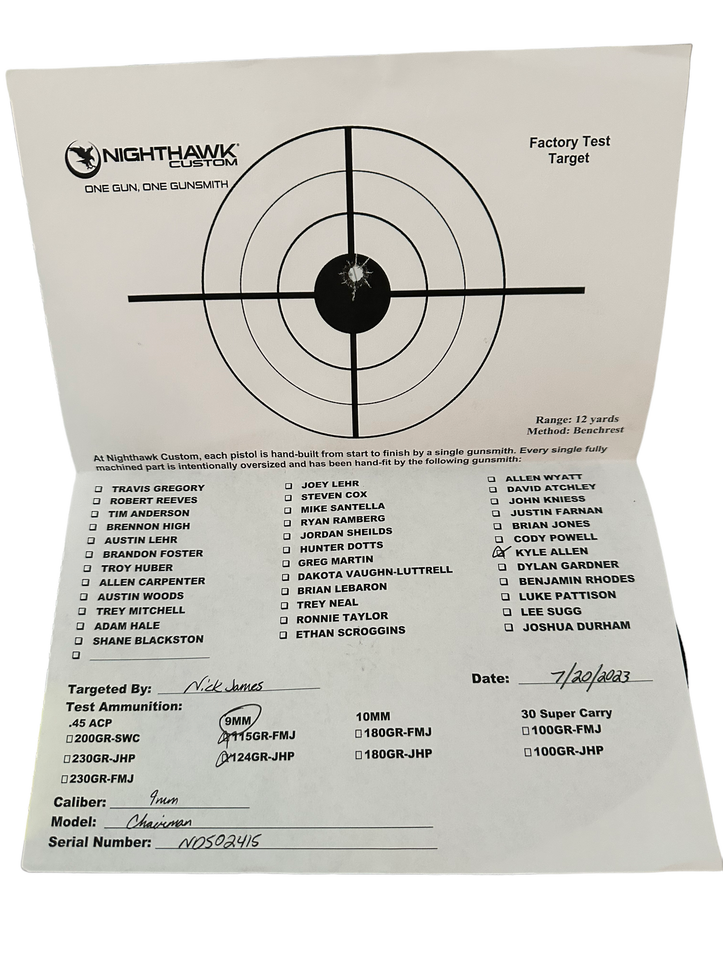 NIGHTHAWK CUSTOM CHAIRMAN DOUBLE STACK BATTLE WORN STEEL WITH RED DOT 9MM (PRE OWNED)