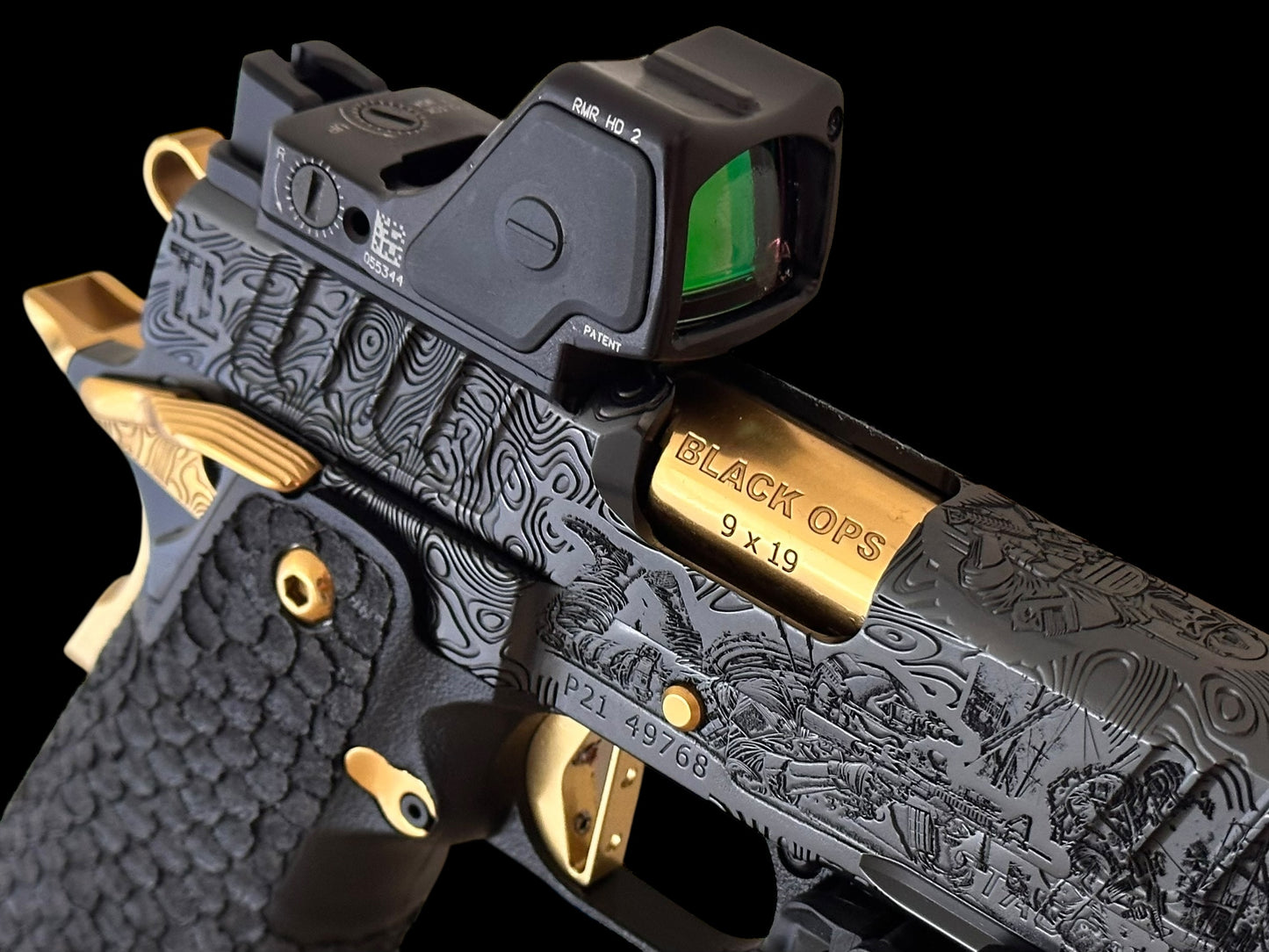 STACCATO P CUSTOM “BLACK OPS” 4.4” PORTED IN POLISHED BLACK DLC / GOLD TIN PVD ACCENTS