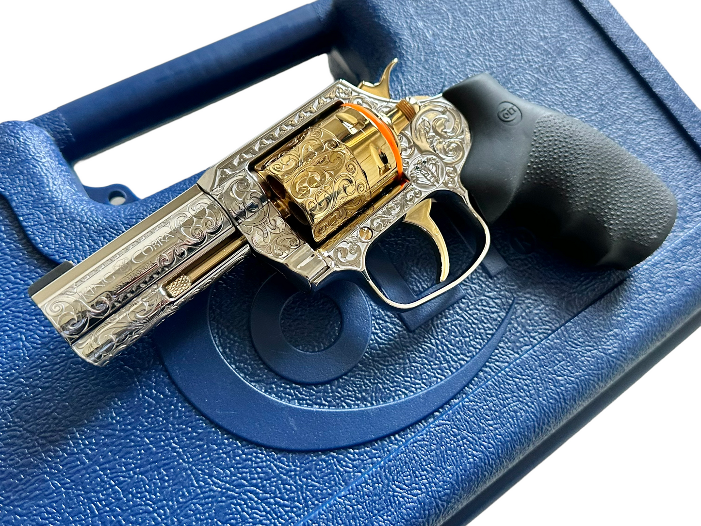COLT CUSTOM KING COBRA REVOLVER 357 mag white gold nickel plated with 24k accents and emerald stones