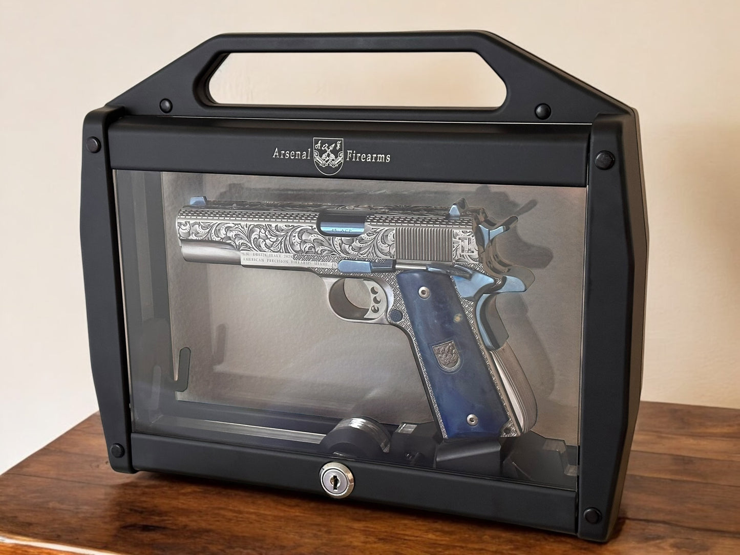 ARSENAL FIREARMS 1911 DOUBLE BARREL “SECOND CENTURY” 1 OF 1 SILVER/ BLUE PVD ENGRAVED WITH GLASS CASE
