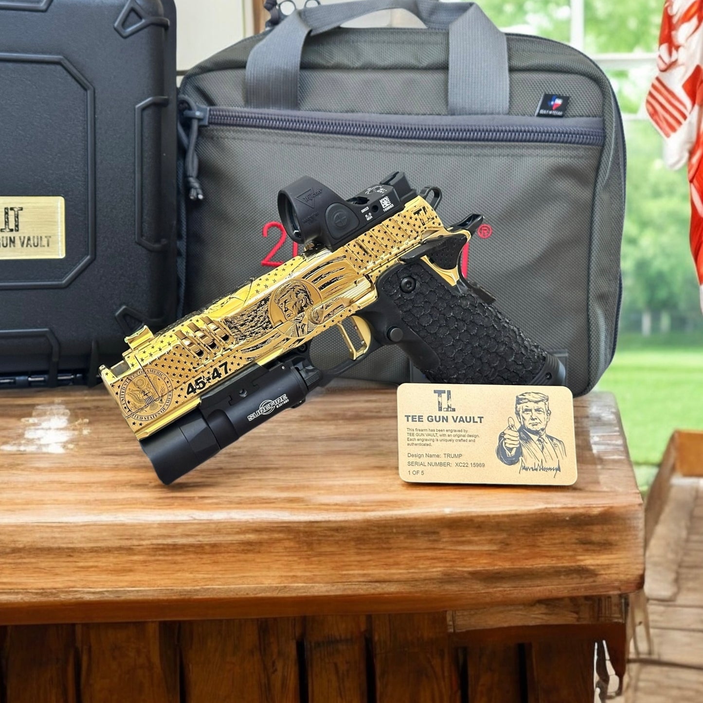STACCATO CUSTOM XC “TRUMP” FULLY ENGRAVED POLISHED AND 24k GOLD PLATED SRO & X300