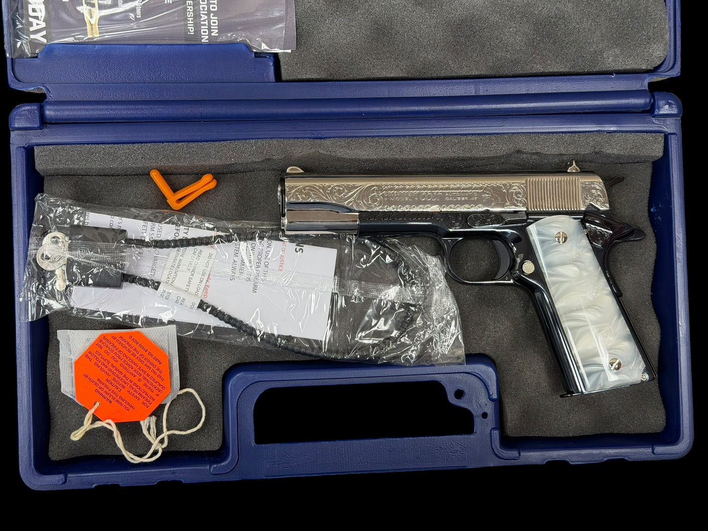 COLT CUSTOM 1911 ENGRAVED HIGH POLISHED NICKEL /ROYAL BLUE FINISH CUSTOM GRIPS .45ACP