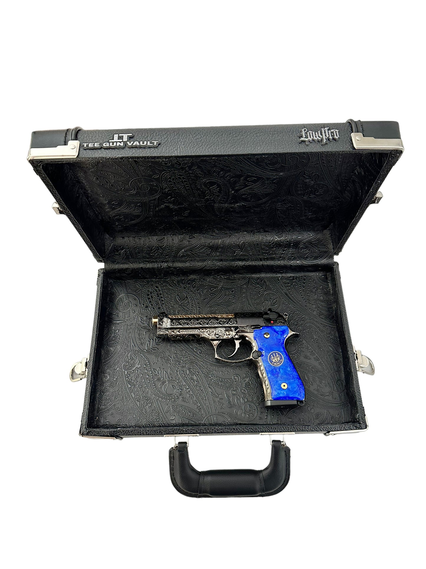 Beretta 92 M9 custom fully engraved black nickel with 24k gold barrel and custom blue grips 9mm (pre-owned)