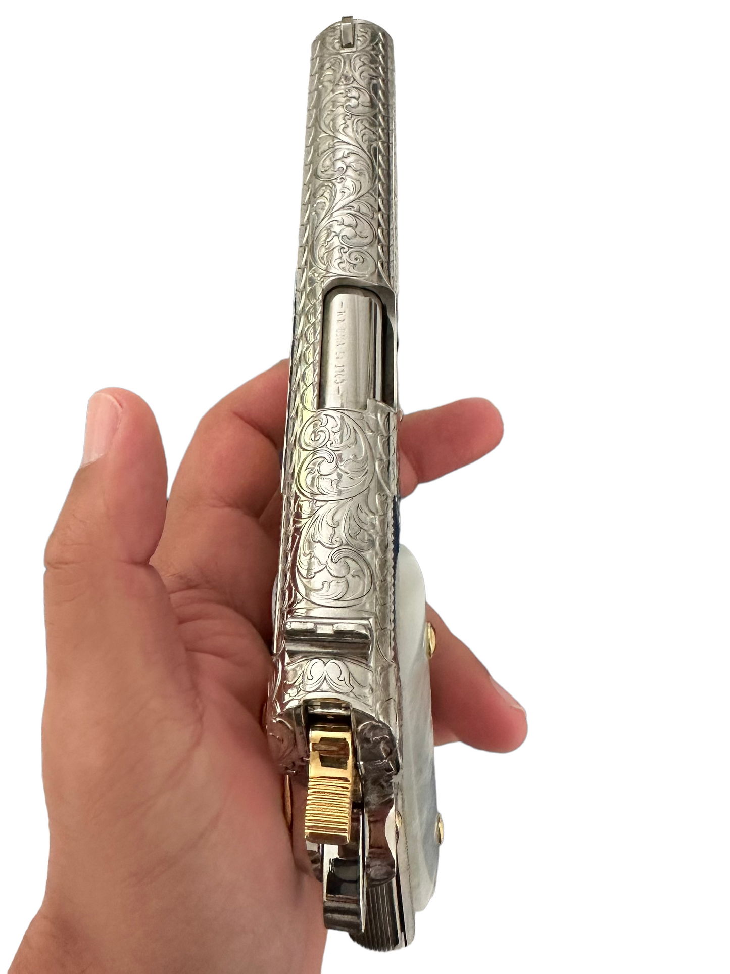 COLT CUSTOM 1911 FULLY ENGRAVED, NICKEL PLATED AND 24K GOLD PLATED ACCENTS 45acp