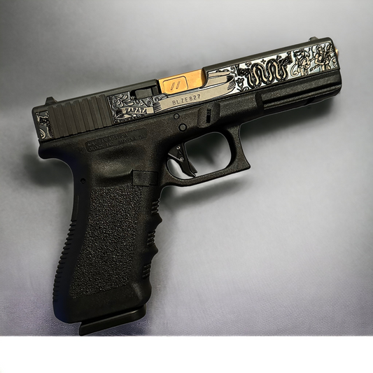 GLOCK 17 CUSTOM ENGRAVED WITH BLUE FINISH SLIDE ZAPATA DEEP ENGRAVED ZEV BARREL , AGENCY TRIGGER