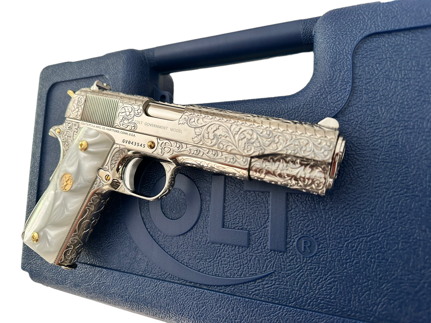COLT CUSTOM 1911 FULLY ENGRAVED, NICKEL PLATED AND 24K GOLD PLATED ACCENTS 45acp