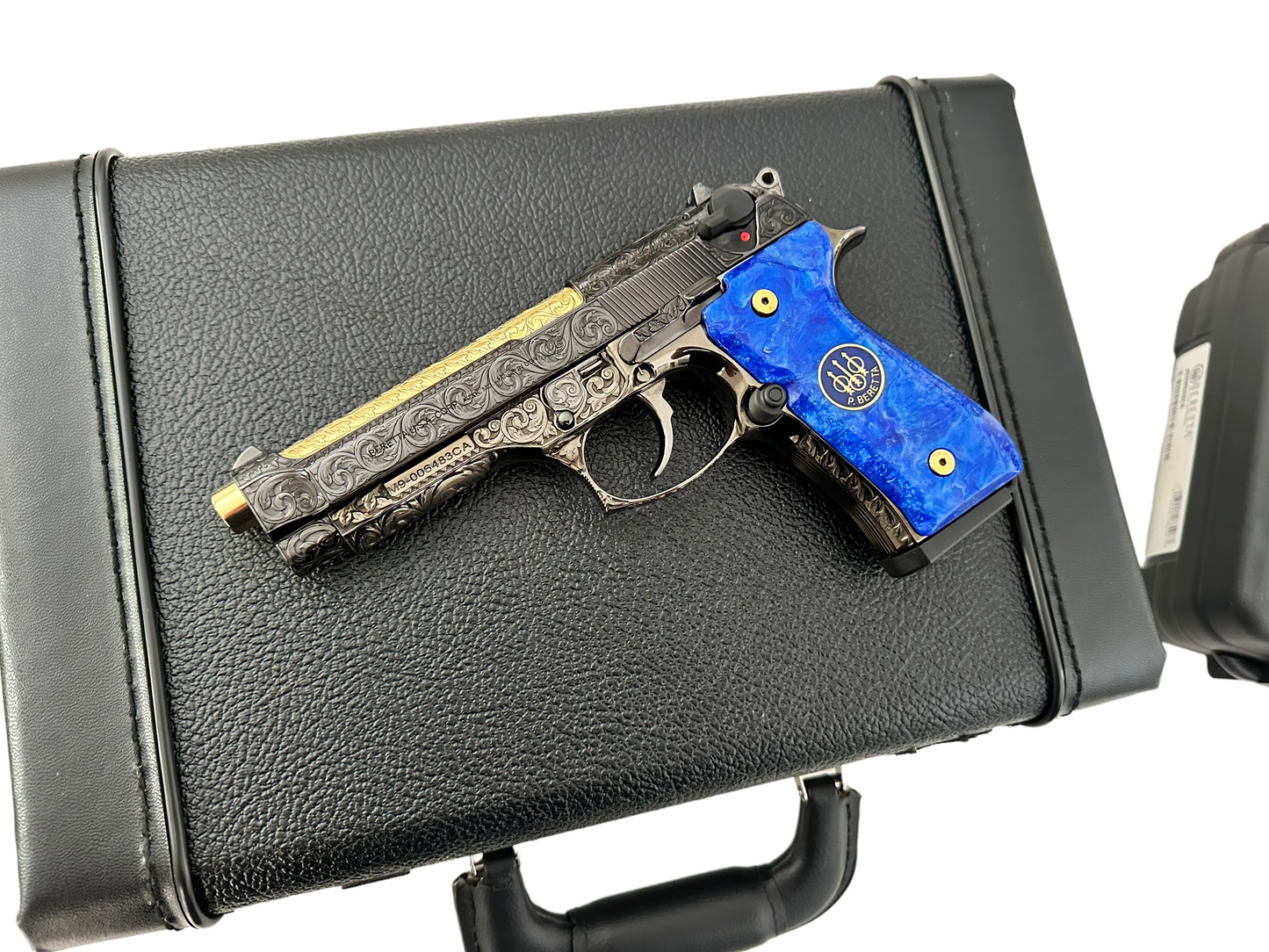 Beretta 92 M9 custom fully engraved black nickel with 24k gold barrel and custom blue grips 9mm (pre-owned)