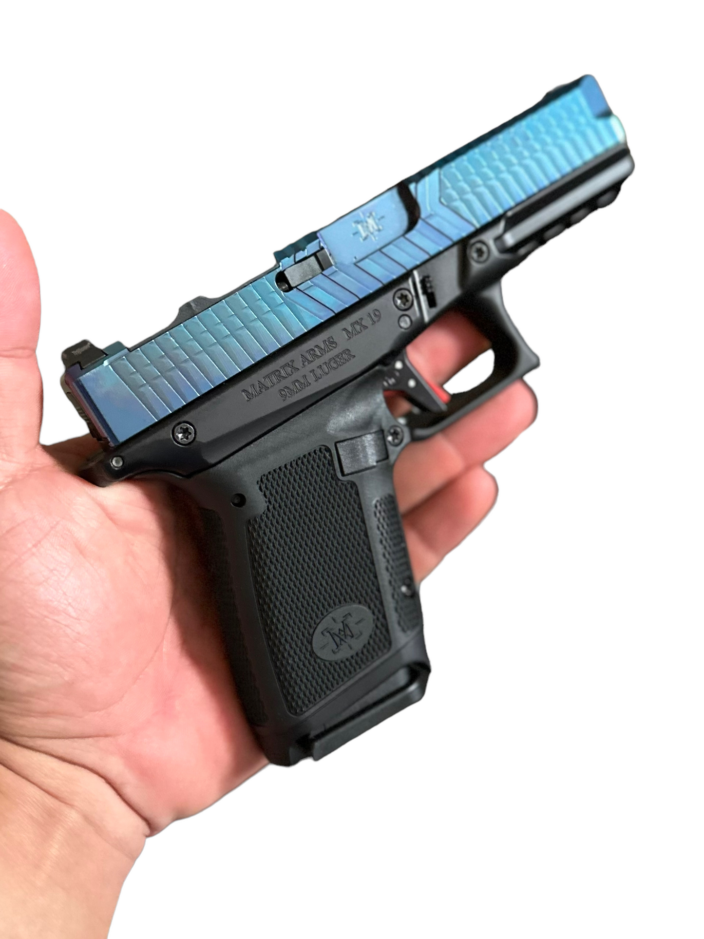 MATRIX ARMS MX19 GLOCK ENIGMA BLUE SLIDE , ALUMINUM BLACK FRAME WITH IOS