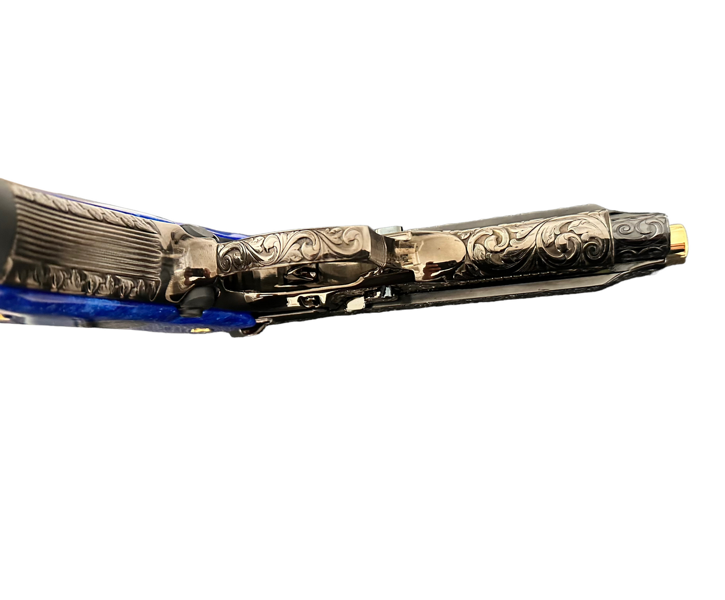 Beretta 92 M9 custom fully engraved black nickel with 24k gold barrel and custom blue grips 9mm (pre-owned)