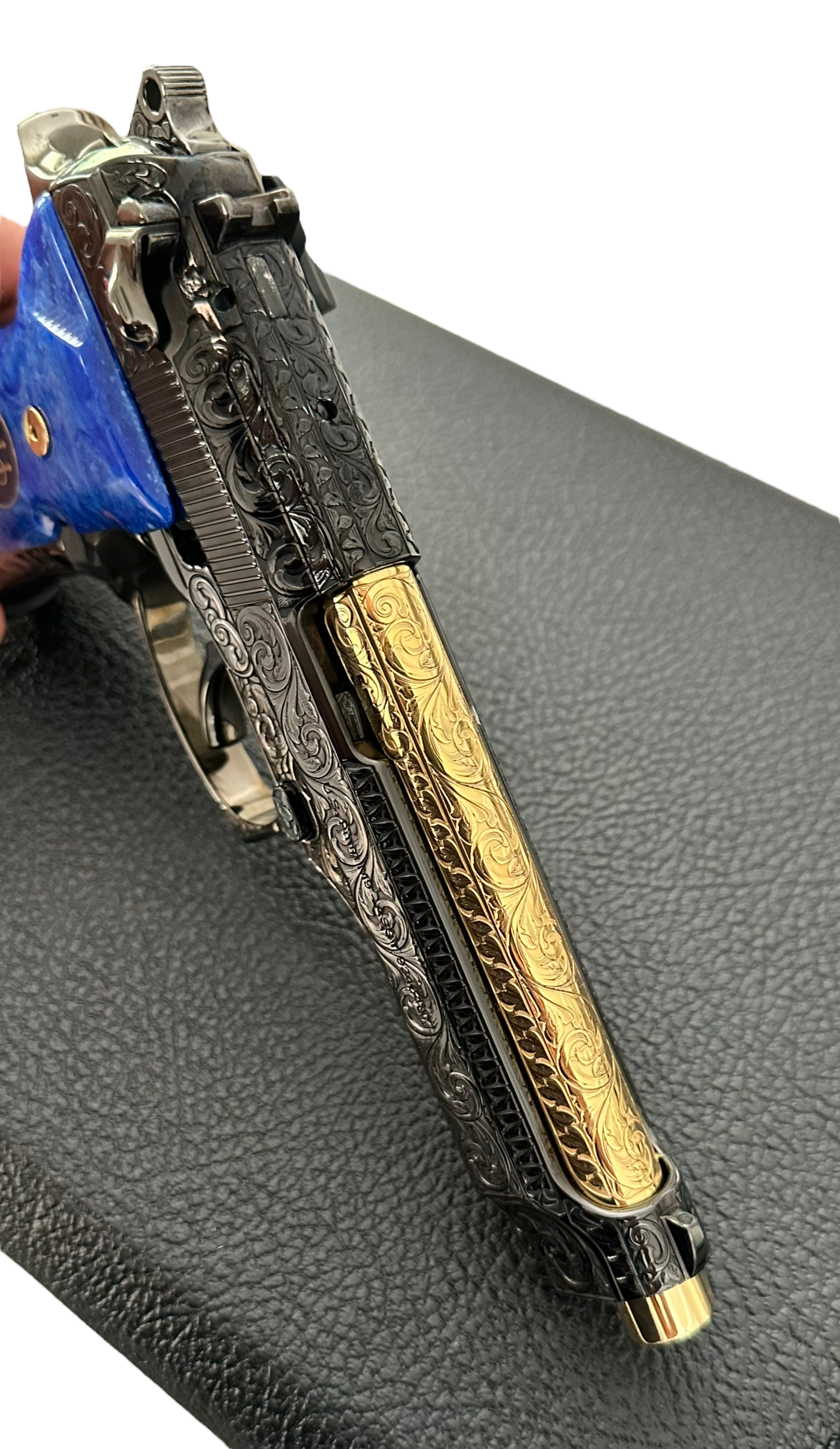 Beretta 92 M9 custom fully engraved black nickel with 24k gold barrel and custom blue grips 9mm (pre-owned)
