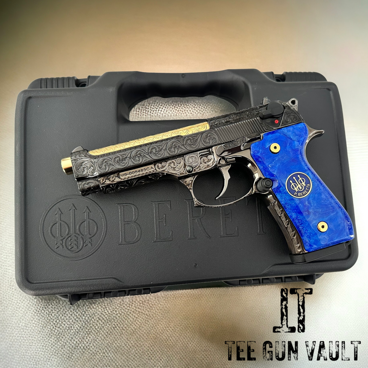 Beretta 92 M9 custom fully engraved black nickel with 24k gold barrel and custom blue grips 9mm (pre-owned)