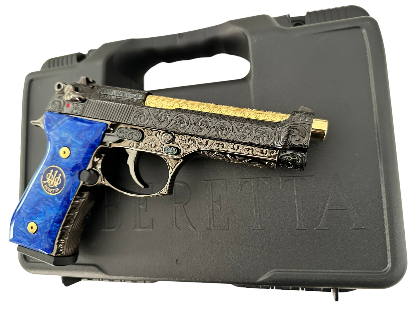 Beretta 92 M9 custom fully engraved black nickel with 24k gold barrel and custom blue grips 9mm (pre-owned)