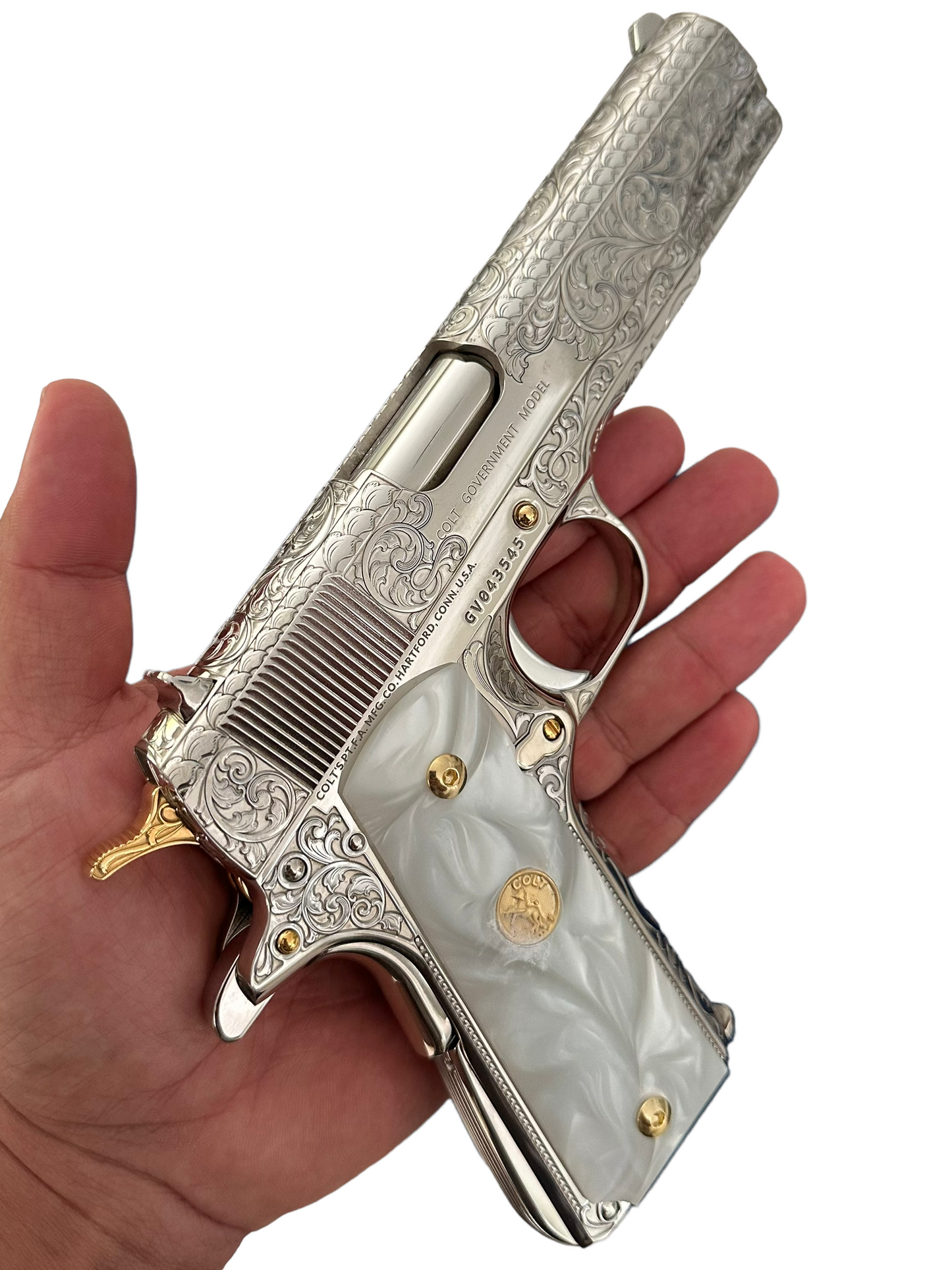 COLT CUSTOM 1911 FULLY ENGRAVED, NICKEL PLATED AND 24K GOLD PLATED ACCENTS 45acp