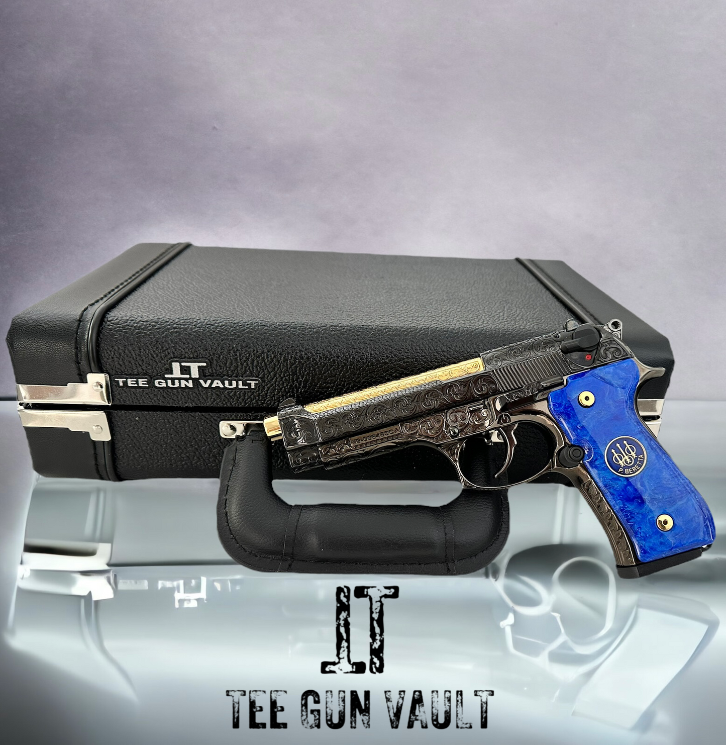 BERETTA 92 CUSTOM M9 FULLY ENGRAVED BLACK NICKLE WITH 24K GOLD BARREL AND CUSTOM BLUEW GRIPS 9MM (PRE OWNED)