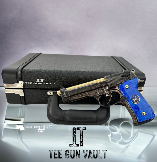 BERETTA 92 CUSTOM M9 FULLY ENGRAVED BLACK NICKLE WITH 24K GOLD BARREL AND CUSTOM BLUEW GRIPS 9MM (PRE OWNED)