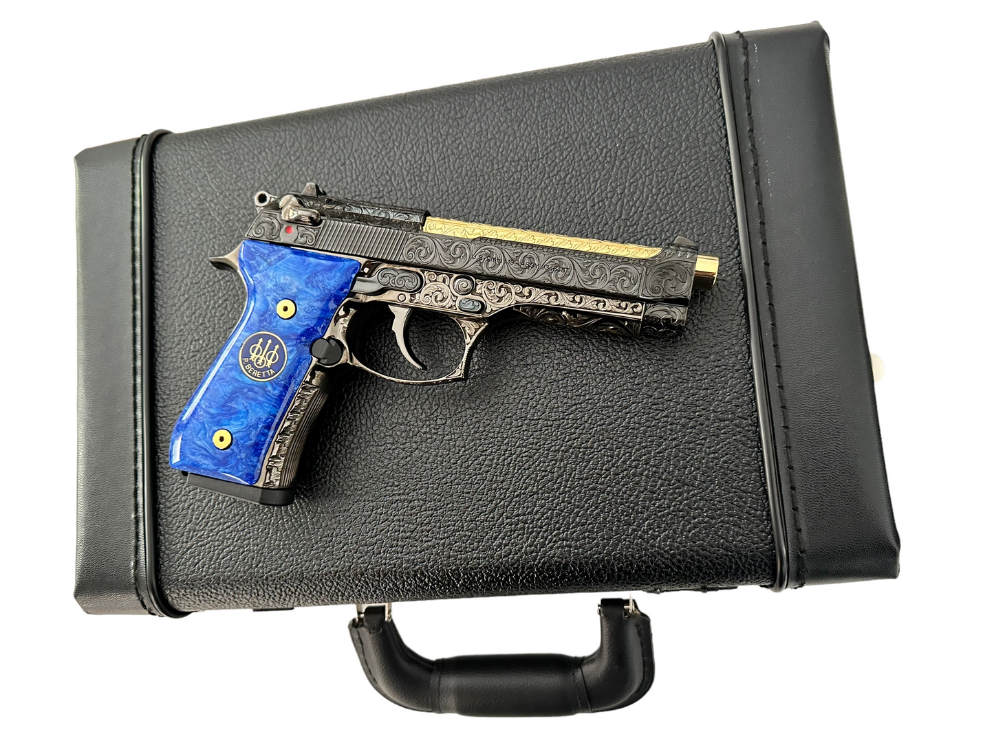 Beretta 92 M9 custom fully engraved black nickel with 24k gold barrel and custom blue grips 9mm (pre-owned)