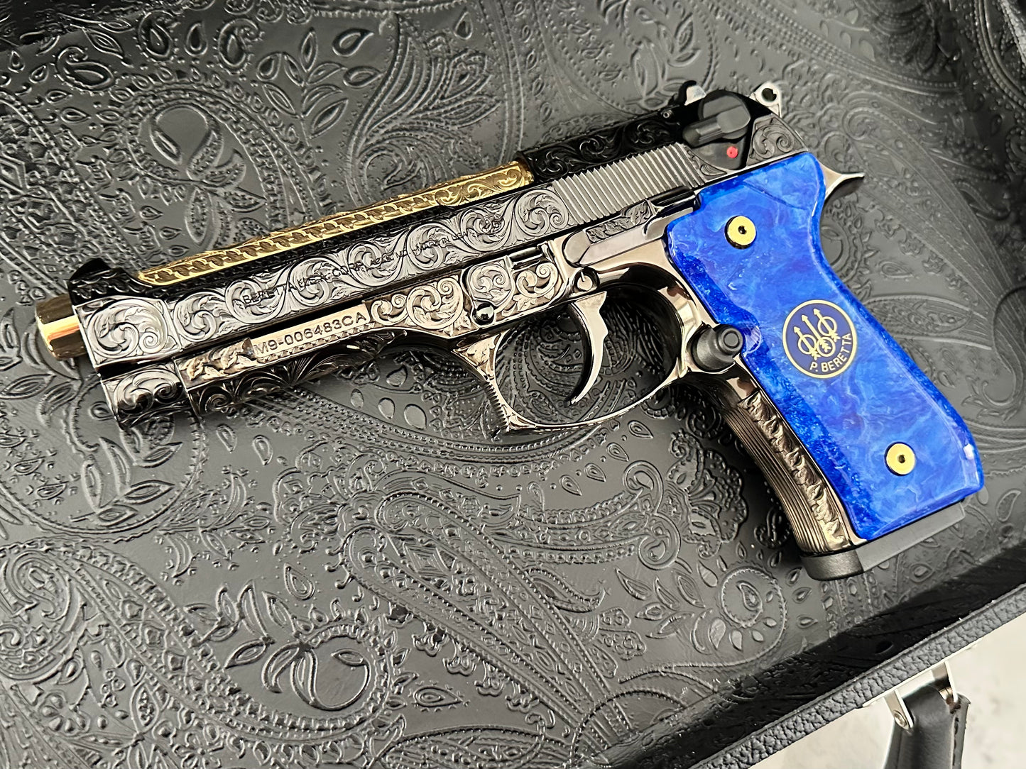 Beretta 92 M9 custom fully engraved black nickel with 24k gold barrel and custom blue grips 9mm (pre-owned)