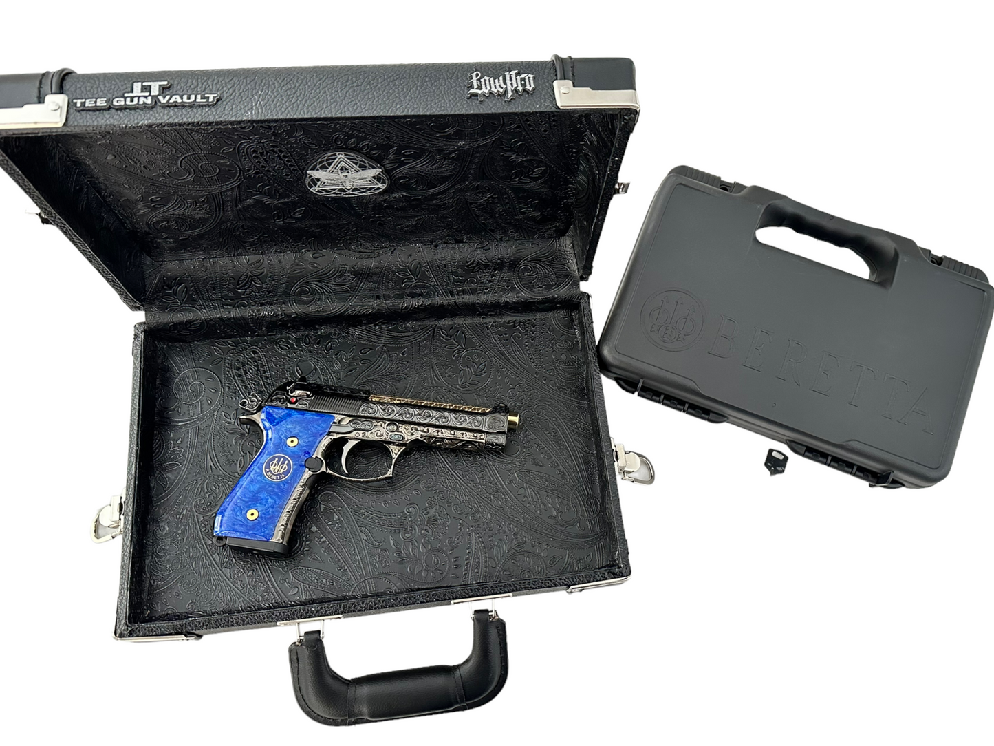 Beretta 92 M9 custom fully engraved black nickel with 24k gold barrel and custom blue grips 9mm (pre-owned)