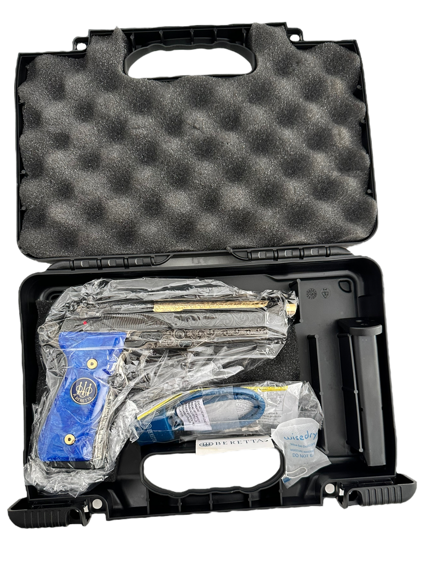 Beretta 92 M9 custom fully engraved black nickel with 24k gold barrel and custom blue grips 9mm (pre-owned)