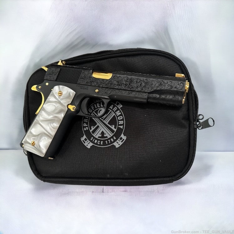 SPRINGFIELD 1911 MIL-SPEC 45ACP ENGRAVED DEEP BLUE & 24K GOLD PLATED FINISH