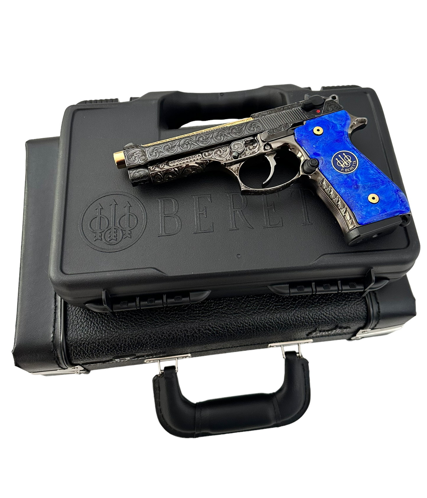 Beretta 92 M9 custom fully engraved black nickel with 24k gold barrel and custom blue grips 9mm (pre-owned)