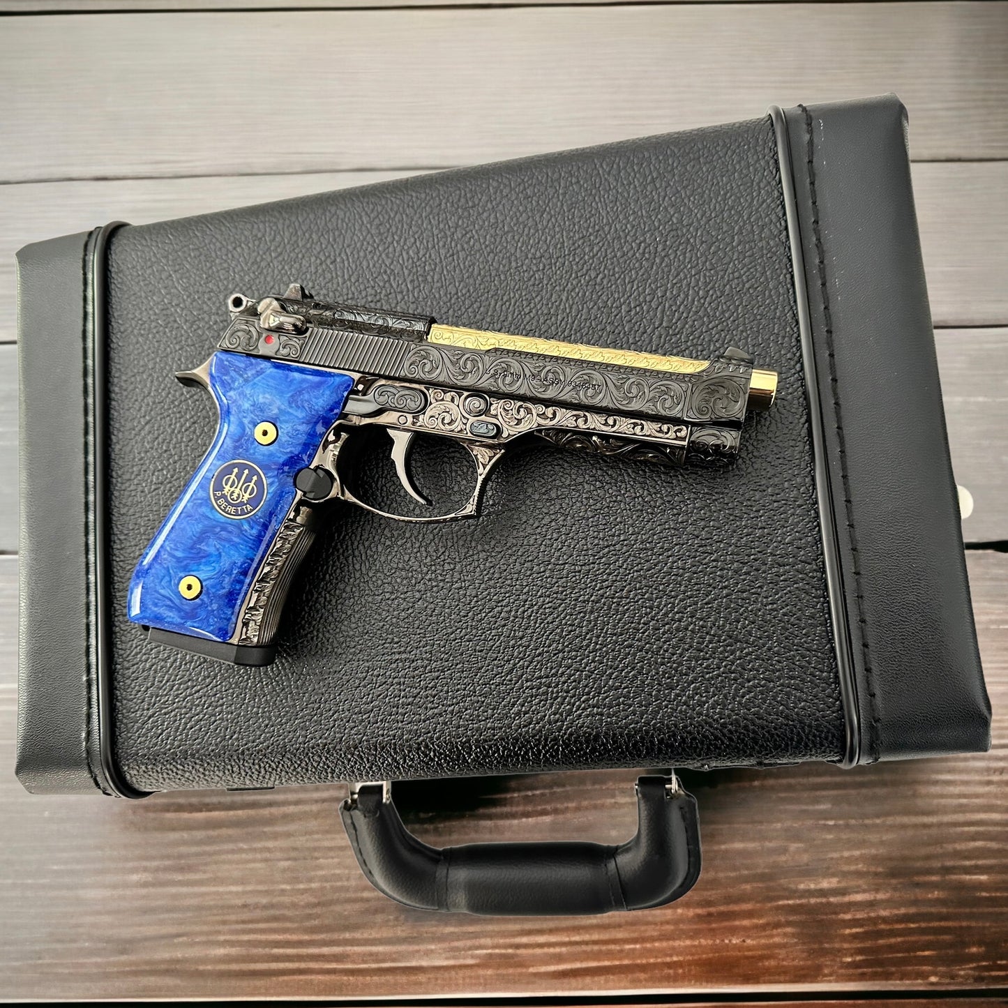 Beretta 92 M9 custom fully engraved black nickel with 24k gold barrel and custom blue grips 9mm (pre-owned)
