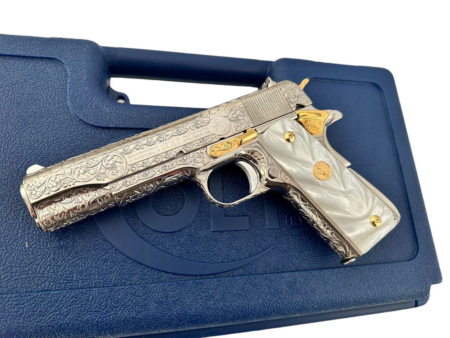 COLT CUSTOM 1911 FULLY ENGRAVED, NICKEL PLATED AND 24K GOLD PLATED ACCENTS 45acp
