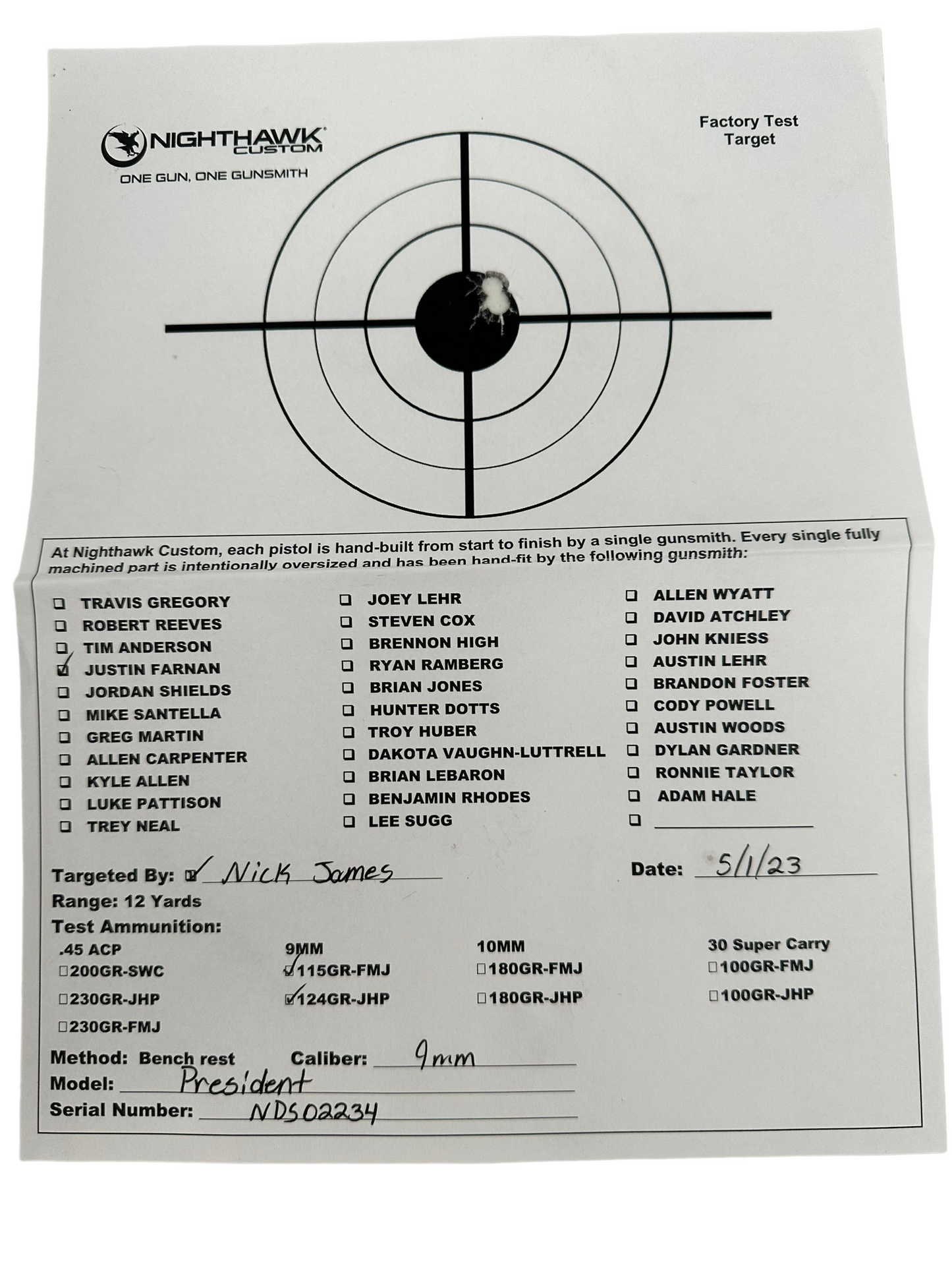 NIGHTHAWK CUSTOM PRESIDENT IOS CUT 5” GOLD TIN BARREL 9MM