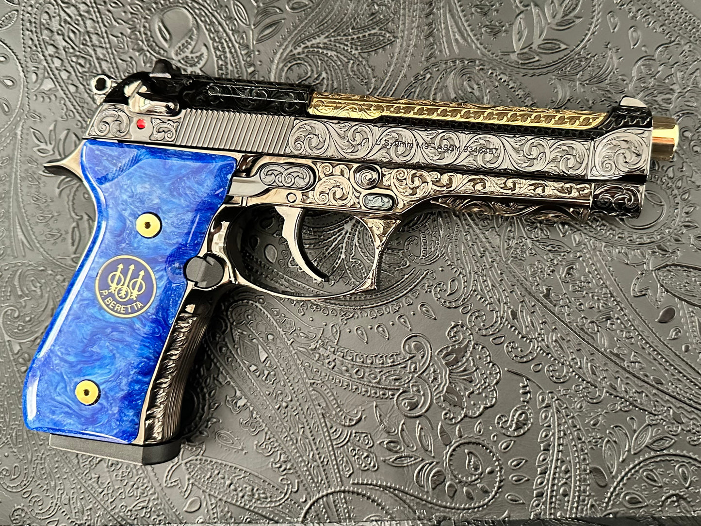 Beretta 92 M9 custom fully engraved black nickel with 24k gold barrel and custom blue grips 9mm (pre-owned)