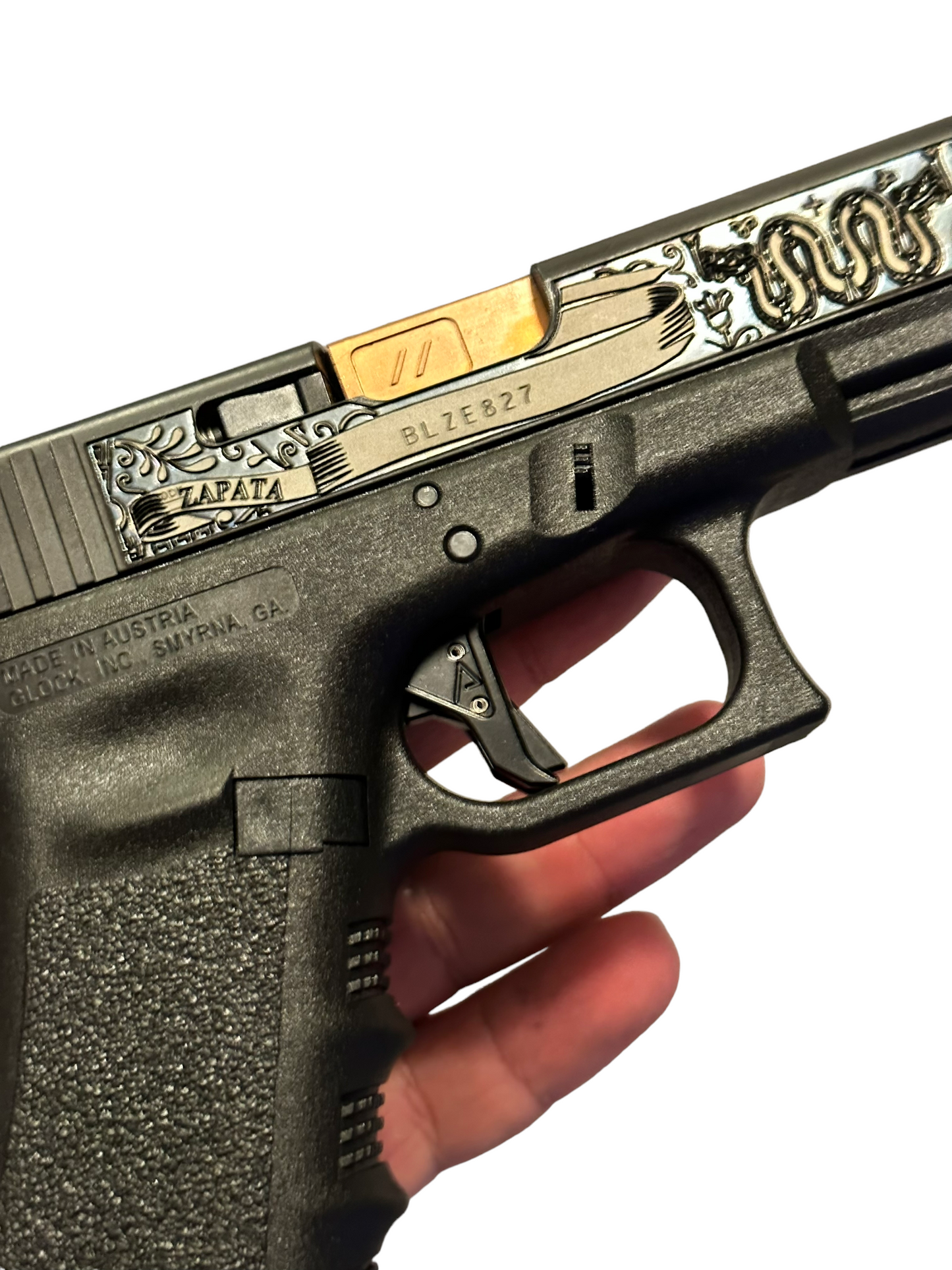 GLOCK 17 CUSTOM ENGRAVED WITH BLUE FINISH SLIDE ZAPATA DEEP ENGRAVED ZEV BARREL , AGENCY TRIGGER
