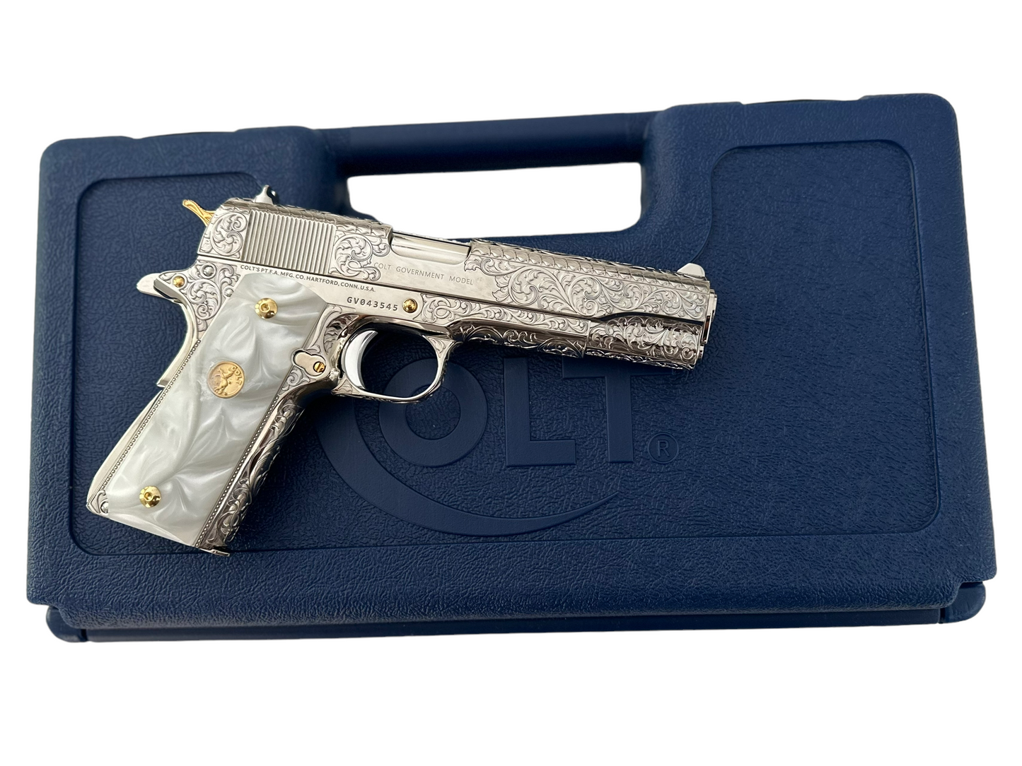 COLT CUSTOM 1911 FULLY ENGRAVED, NICKEL PLATED AND 24K GOLD PLATED ACCENTS 45acp