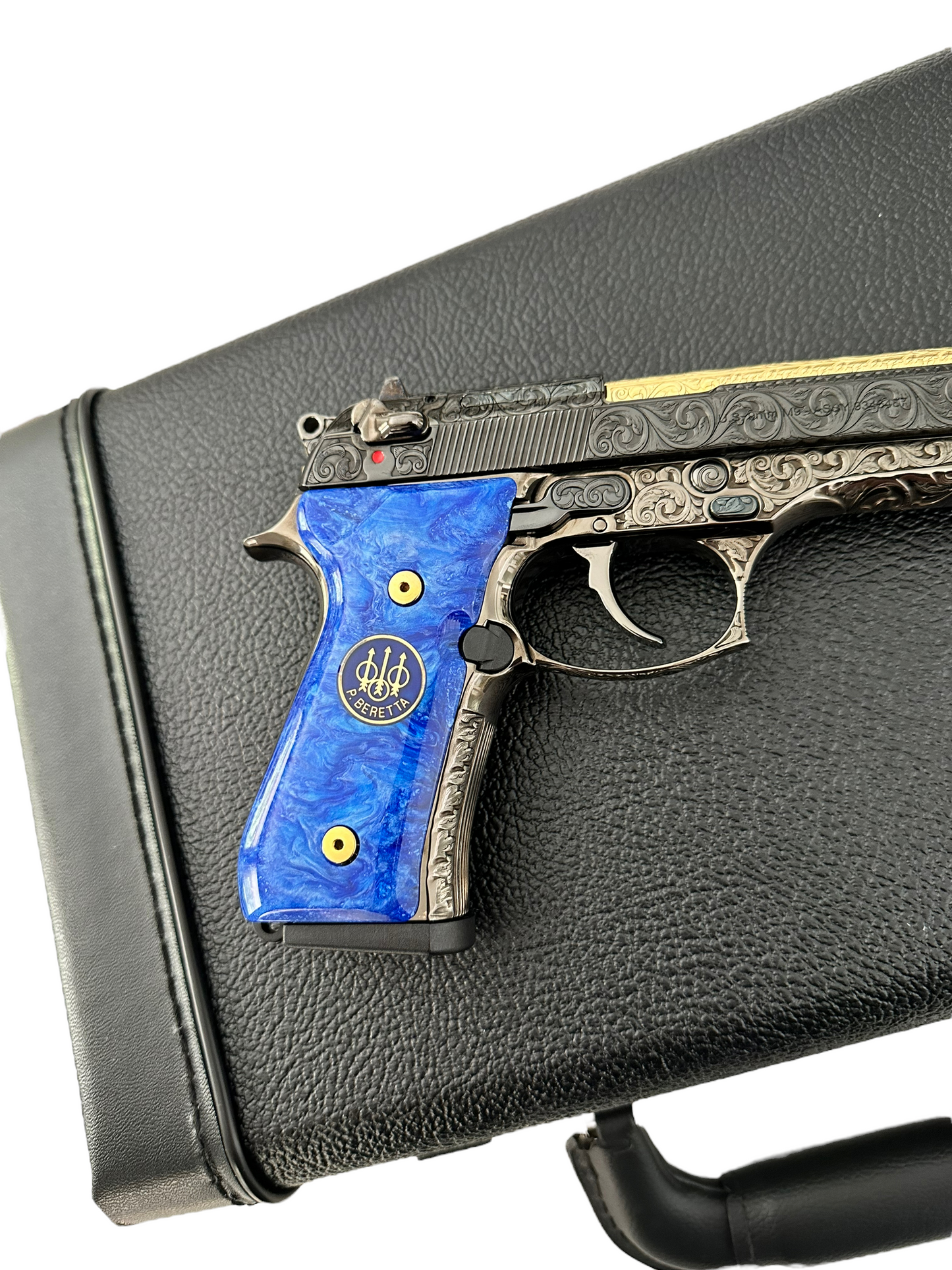 Beretta 92 M9 custom fully engraved black nickel with 24k gold barrel and custom blue grips 9mm (pre-owned)