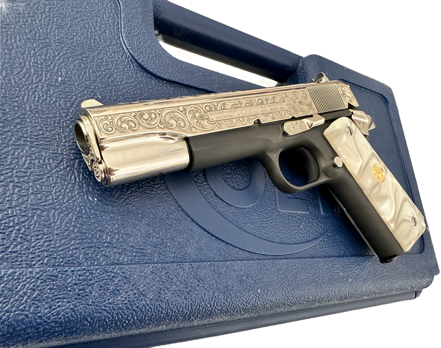 COLT CUSTOM 1911 GOVERNMENT .45ACP ENGRAVED, POLISHED, NICKEL PLATED SLIDE