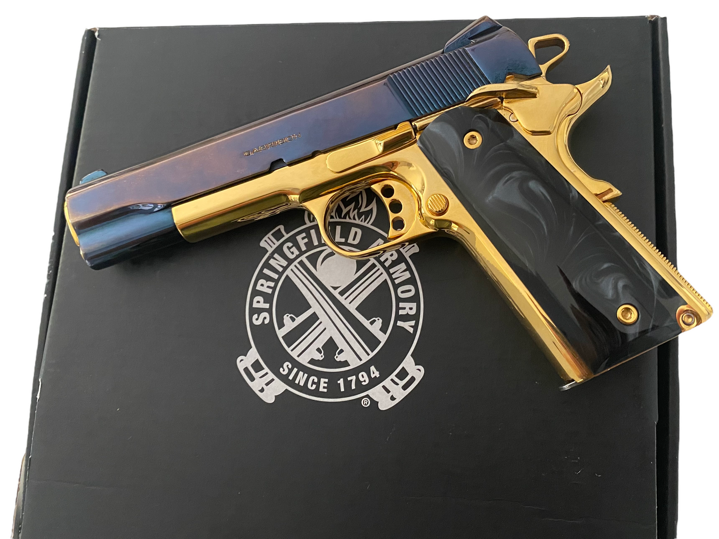 SPRINGFIELD ARMORY GARRISON 1911 9MM BLUE CHROME AND 24k gold plated