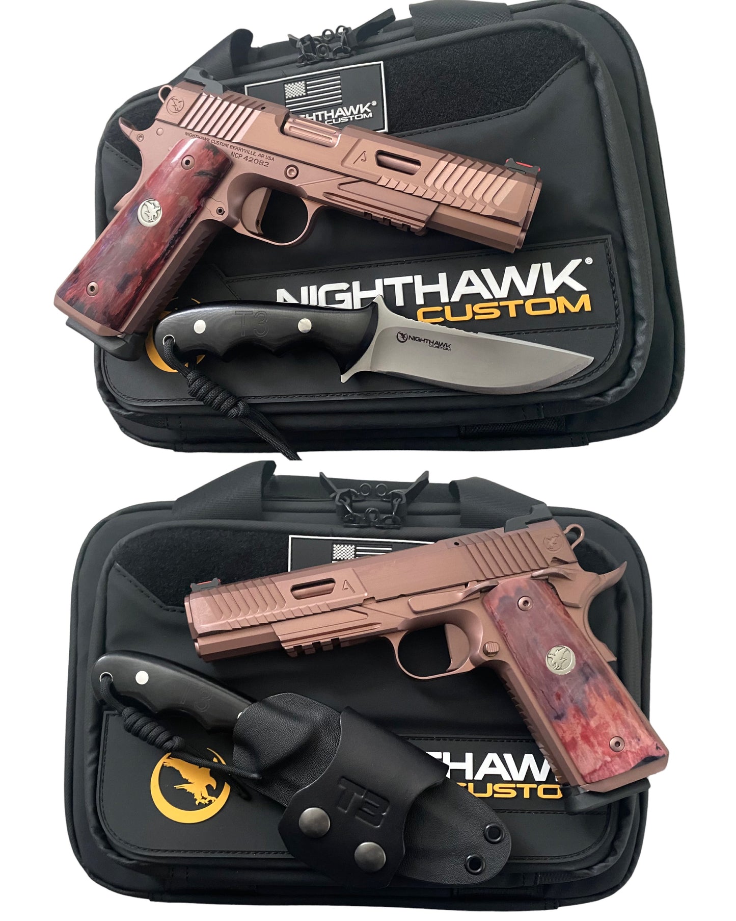 NIGHTHAWK CUSTOM AGENT 2 ROSE GOLD WITH MAMMOTH IVORY GRIPS AND TACTICAL KNIFE SET 9MM