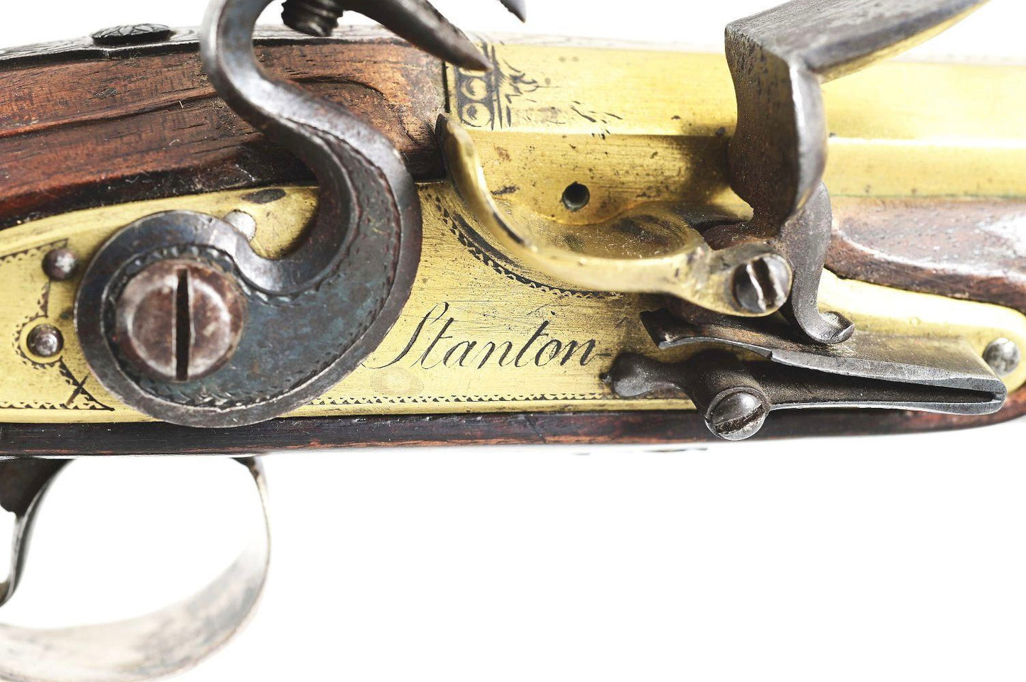 FINE SILVER MOUNTED BRITISH OFFICER'S PISTOL BY STANTON, WITH BRASS CANNON BARREL