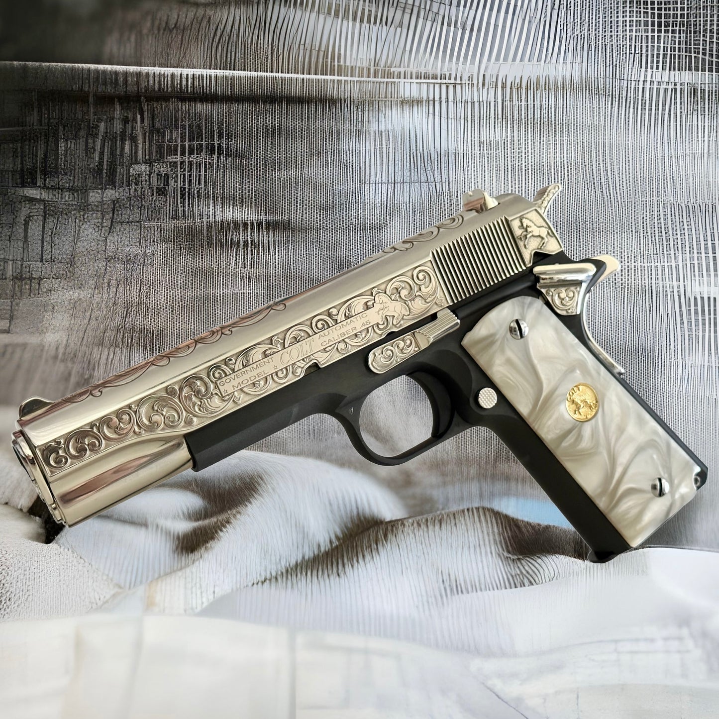 COLT CUSTOM 1911 GOVERNMENT .45ACP ENGRAVED, POLISHED, NICKEL PLATED SLIDE