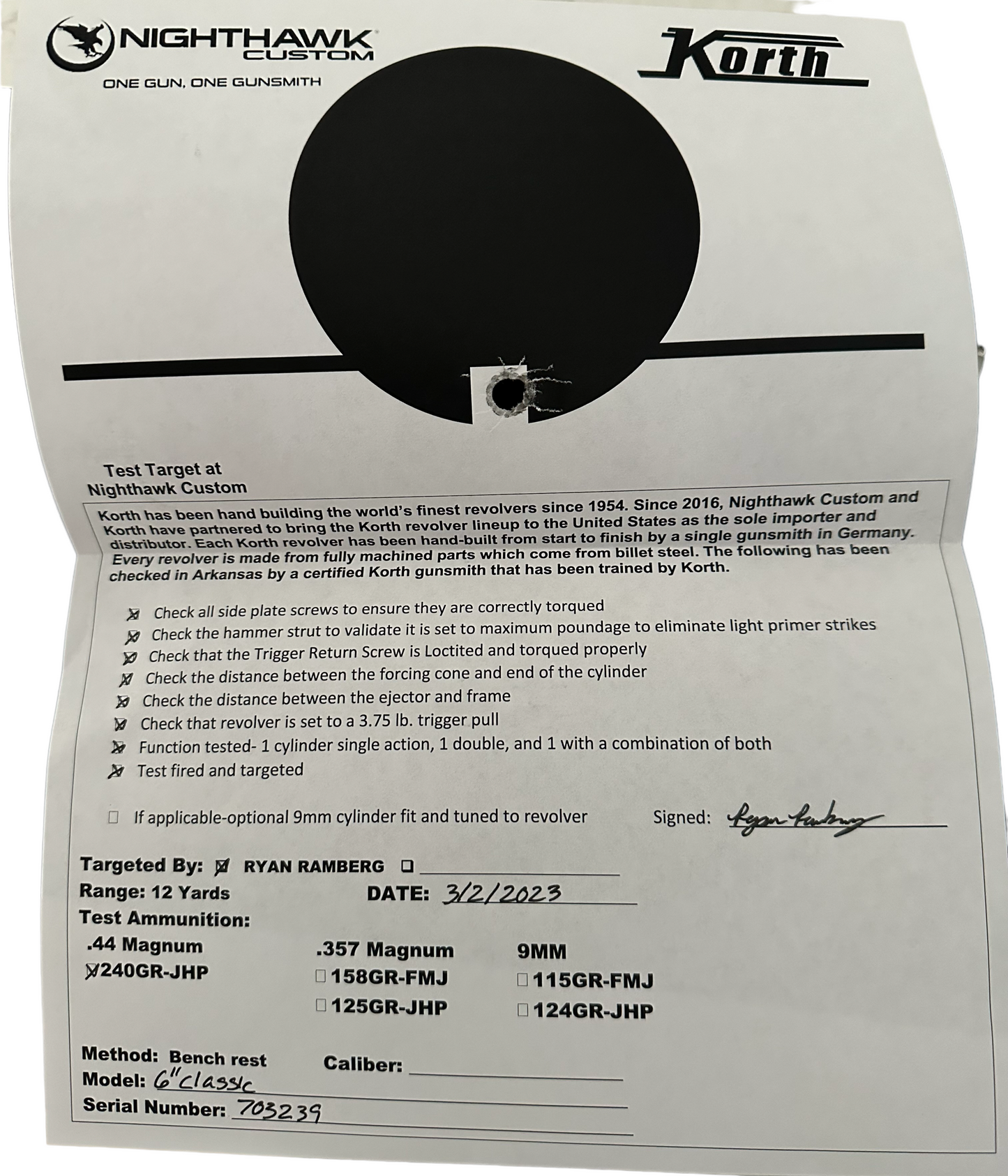 NIGHTHAWK KORTH CUSTOM CLASSIC BLUE DLC FINISH 6" 44 MAG