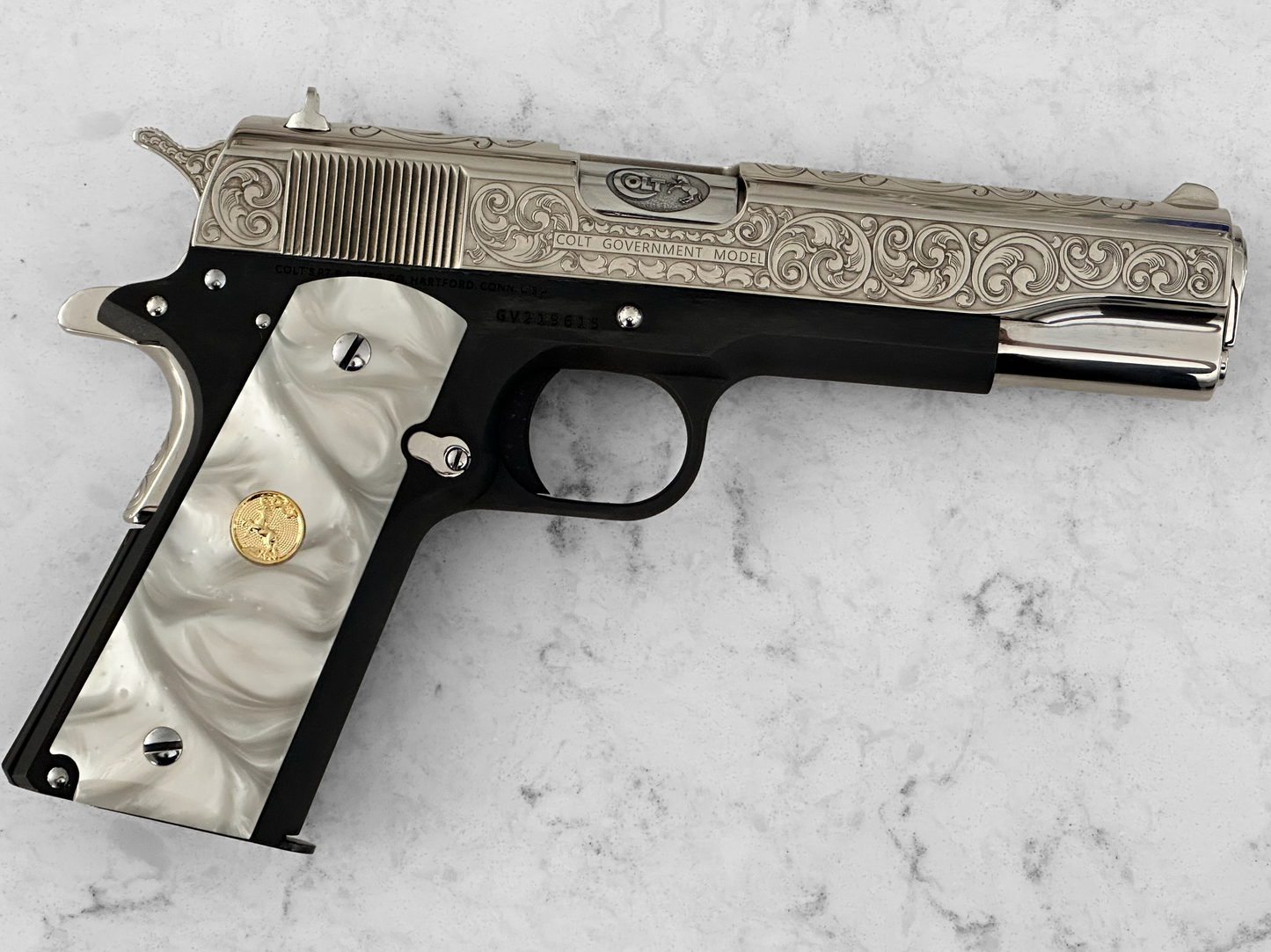COLT CUSTOM 1911 GOVERNMENT .45ACP ENGRAVED, POLISHED, NICKEL PLATED SLIDE