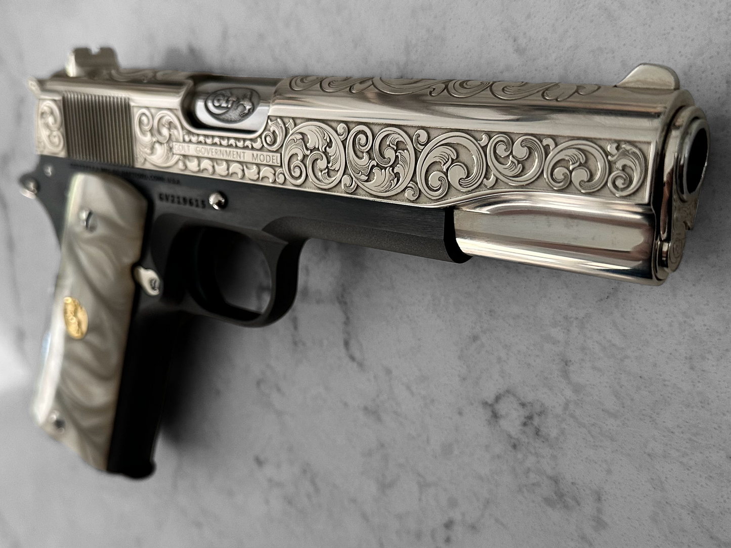 COLT CUSTOM 1911 GOVERNMENT .45ACP ENGRAVED, POLISHED, NICKEL PLATED SLIDE
