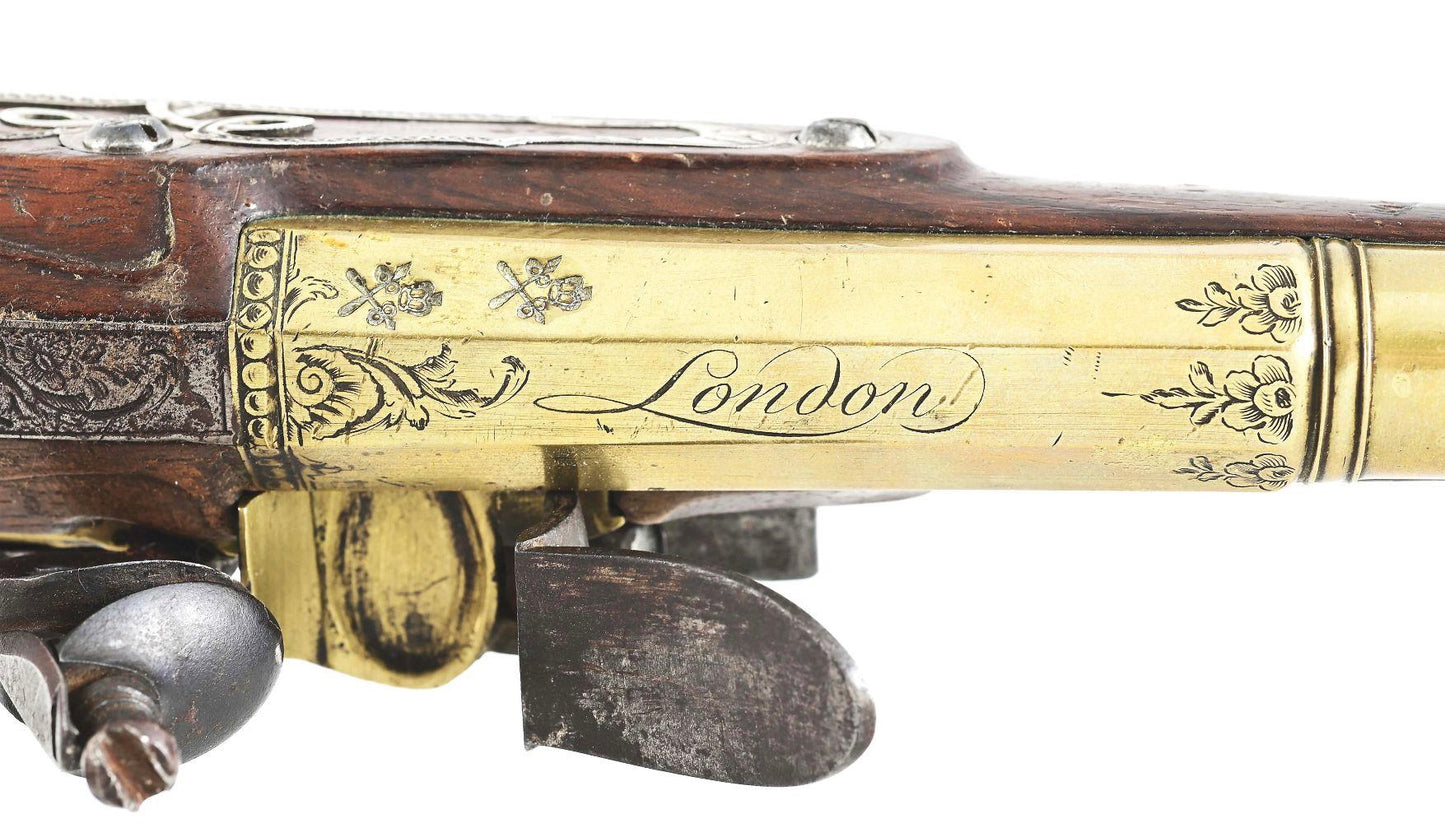 FINE SILVER MOUNTED BRITISH OFFICER'S PISTOL BY STANTON, WITH BRASS CANNON BARREL
