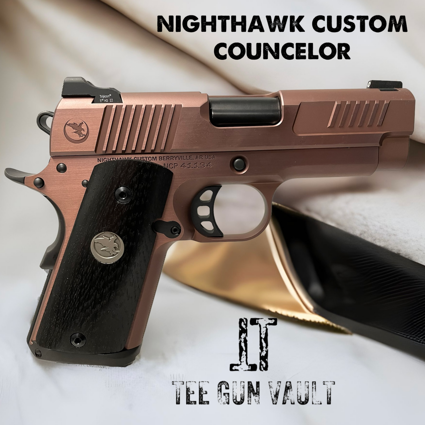NIGHTHAWK CUSTOM COUNSELOR ROSE GOLD & BLACK ACCENTS UPGRADED GRIPS 9MM