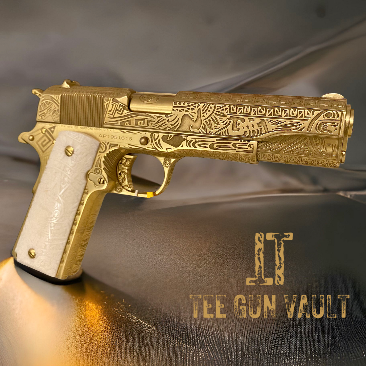 COLT CUSTOM SHOP 1911 GOVERNMENT SERIES 70 FULLY AZTEC ENGRAVING IN GOLD NITRIDE 45ACP