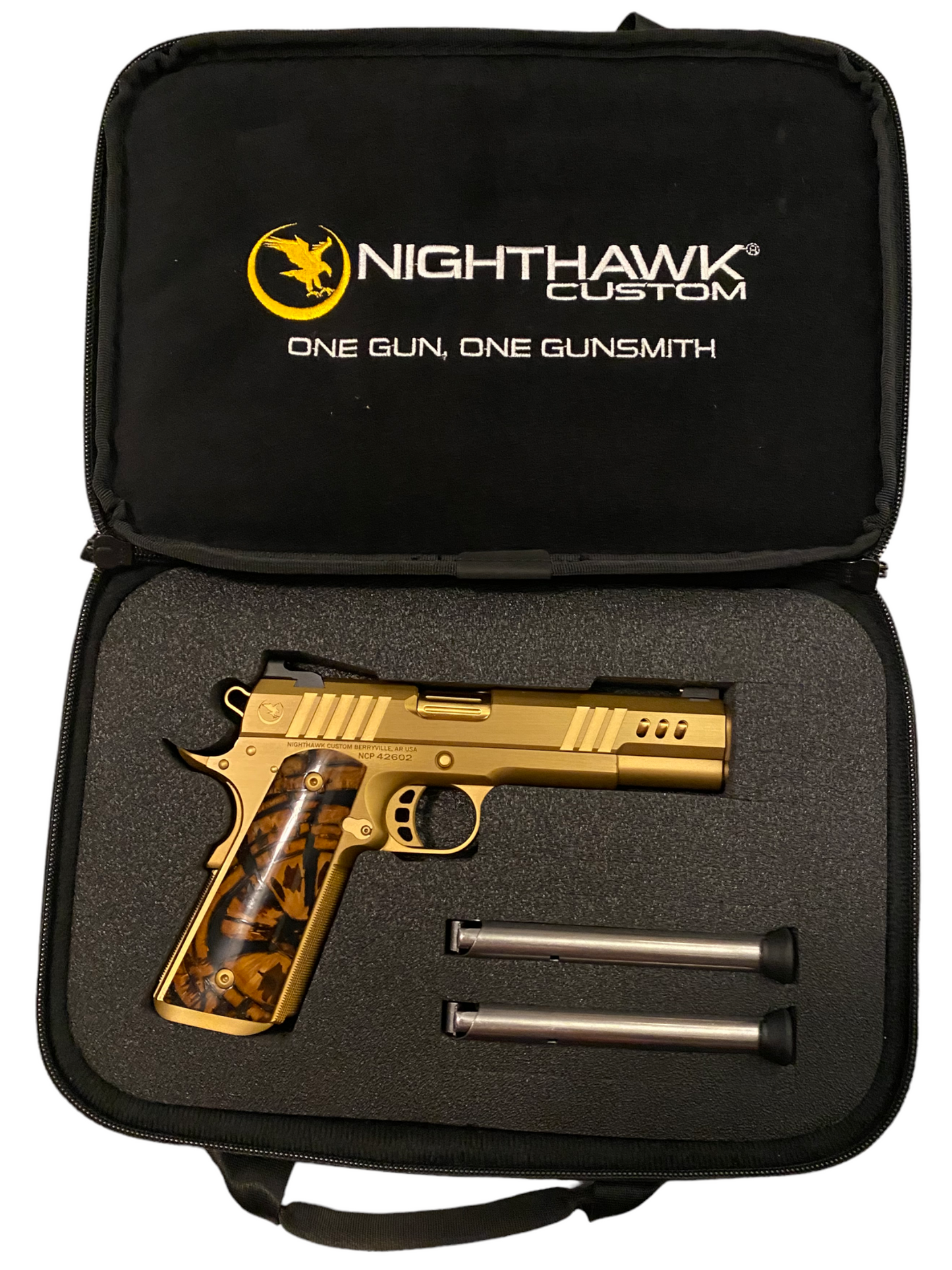 NIGHTHAWK CUSTOM PRESIDENT GOLD NITRIDE FLUTED BARREL IVORY GRIPS .45 ACP